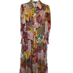 MOTF Dress Womens Red Yellow Patchwork Balloon Sleeve Flowy Button Front Size SM